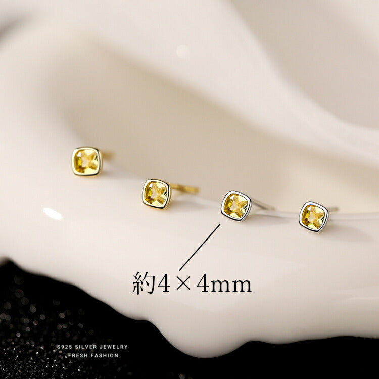 【イエローキュービックジルコニアピアス】 シルバー925 ピアス シンプル ミニ 小さい 小さめ キュービックジルコニア 金属アレルギー対応 イエロー シルバー ゴールド スクエア 四角