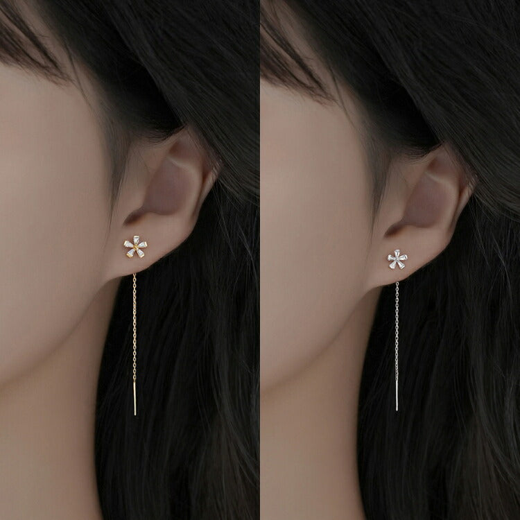 【フラワーチェーンピアス】 キュービックジルコニア ピアス シルバー925 揺れる チェーンピアス チェーン フラワー 花 シルバー ゴールド レディース 女性
