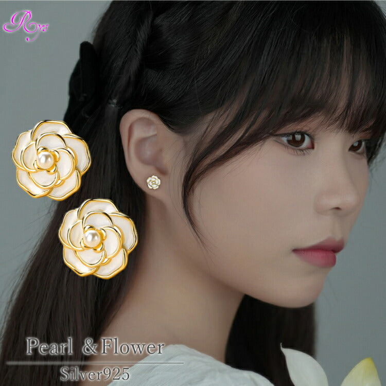 【カメリアの一粒パールピアス】 シルバー925 淡水パール ピアス フラワー 花 カメリア サザンカ 山茶花 椿 ツバキ 金属アレルギー対応 レディース 女性 お花 ホワイト ゴールド シルバー