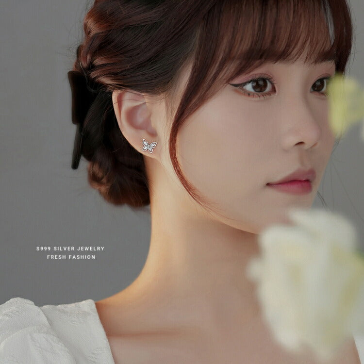 蝶々ピアス キュービックジルコニア シルバー999 純銀 ピアス 蝶々 ちょうちょ バタフライ レディース 女性 シンプル 小さめ シルバー ゴールド