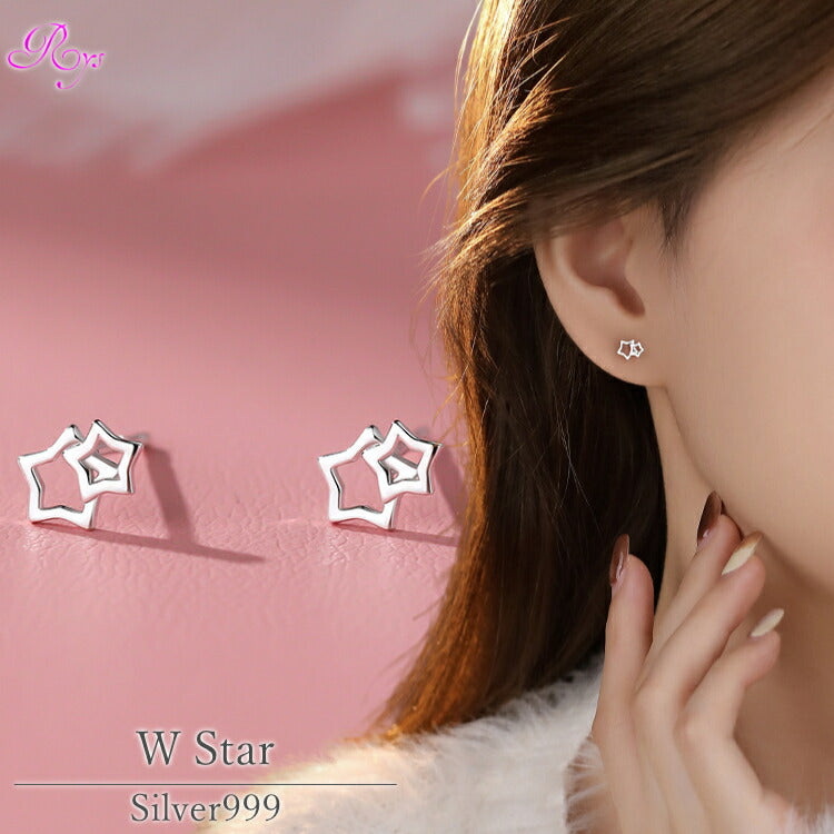 【ダブルスターピアス】 シルバー999 純銀 ピアス 金属アレルギー対応 星 スター 2つ星 20G スタッドピアス シンプル 小さい レディース メンズ 流星 流れ星 シルバー プラチナホワイト