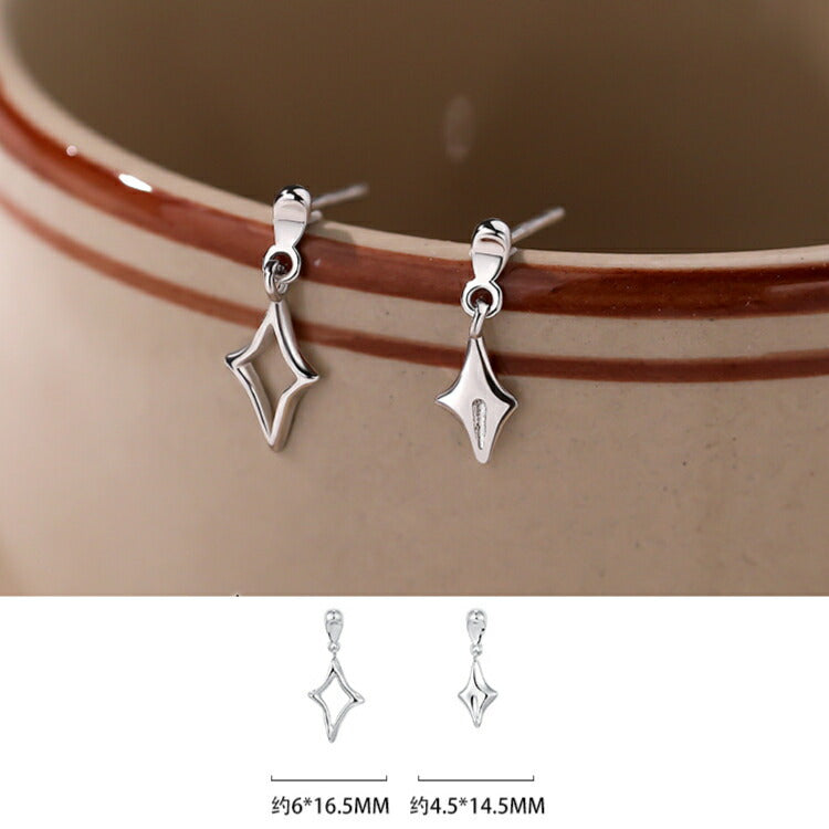 【四芒星形のシルバーピアス】 ひし形 ピアス 星 金属アレルギー対応 四芒星 スター 左右非対称 シルバー999 20G  メンズ レディース 女性 男性 シンプル かわいい かっこいい