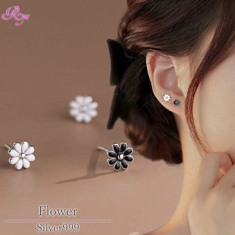 【白と黒のひまわりモチーフピアス】 ホワイト ブラック 花 フラワー ピアス シンプル ひまわり 向日葵 白 黒 シルバー999 20G シンプルピアス レディース 女性 小さめ 小さい
