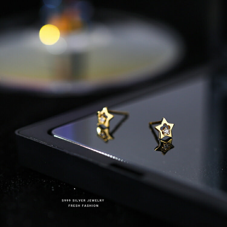 【小さいお星さまの一粒ストーンピアス】 シルバー999 キュービックジルコニア ピアス 星 スター お星様 シンプルピアス シルバー ゴールド 20G 小さい 小さめ レディース メンズ