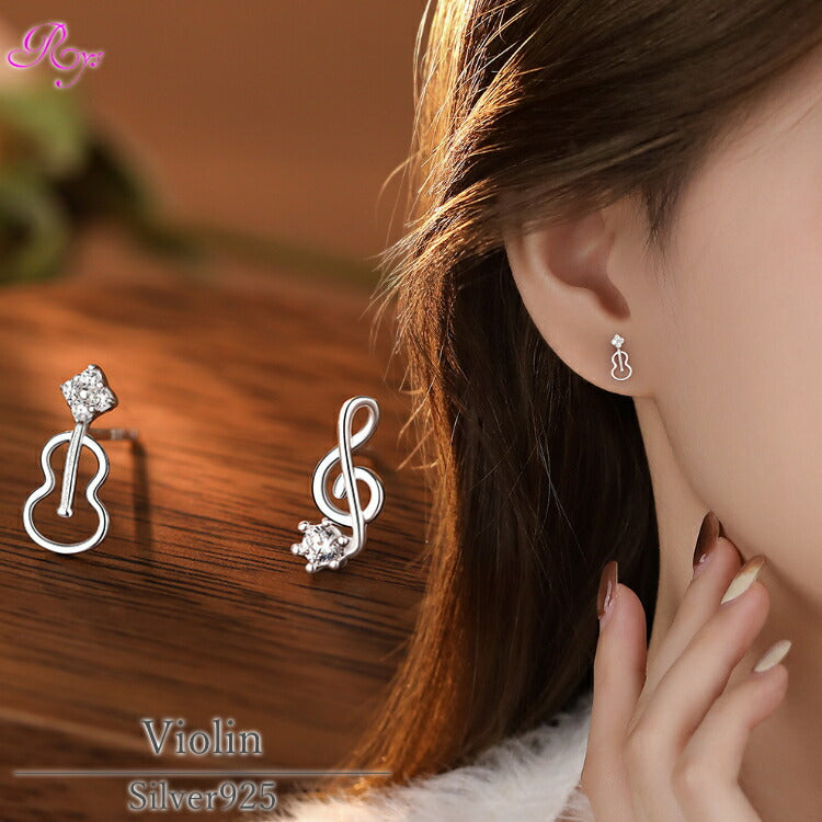 【ヴァイオリンモチーフのシルバーピアス】 シルバー925 ピアス キュービックジルコニア ヴァイオリン ト音記号 バイオリン 音楽 楽器 プレゼント ギフト 発表会 レディース 女性 20G キュービックジルコニア