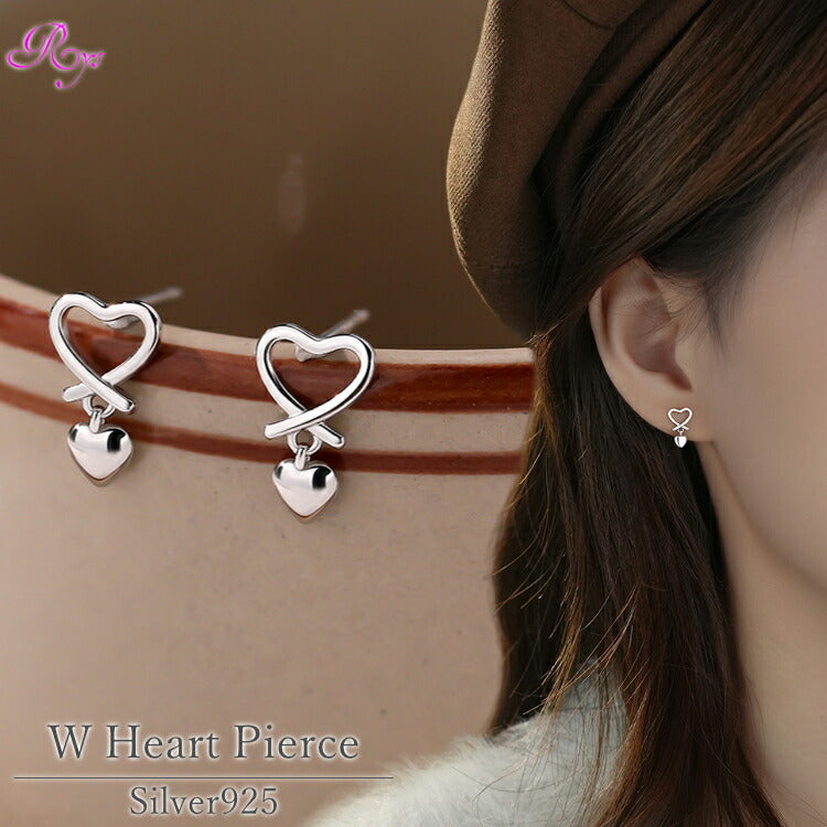【揺れるWハートピアス】 シルバー925 ピアス 金属アレルギー対応 揺れる ハート シンプル ガーリー かわいい レディース シルバー ゆらゆら 韓国ファッション