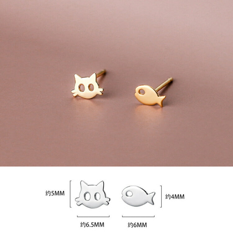 【お魚くわえてない猫ピアス】 ねこ ピアス シルバー925 猫 魚 猫モチーフ シルバー 金属アレルギー対応 ゴールド かわいい 動物 面白い どら猫 左右非対称