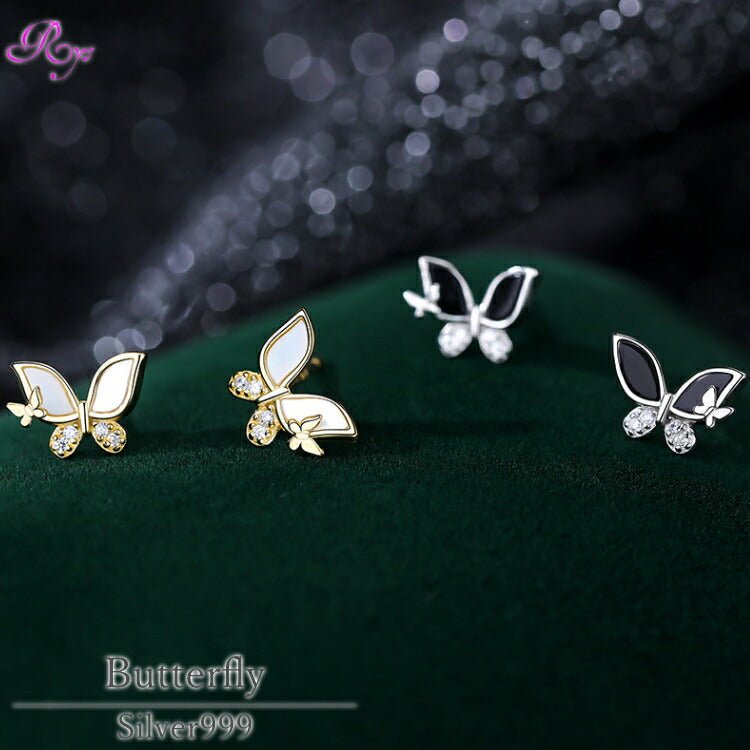 【ブラックアゲートとホワイトシェルの蝶々ピアス】 シルバー999 ピアス ブラックアゲート 黒瑪瑙 ホワイトシェル 白貝 キュービックジルコニア シンプル 蝶々 蝶 ちょうちょ