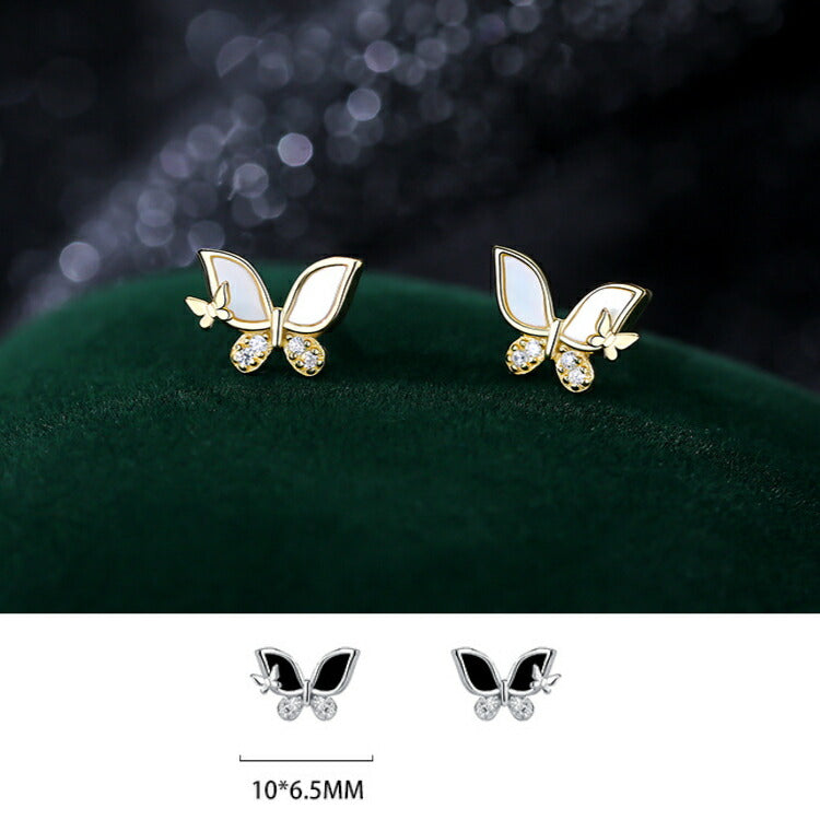 【ブラックアゲートとホワイトシェルの蝶々ピアス】 シルバー999 ピアス ブラックアゲート 黒瑪瑙 ホワイトシェル 白貝 キュービックジルコニア シンプル 蝶々 蝶 ちょうちょ