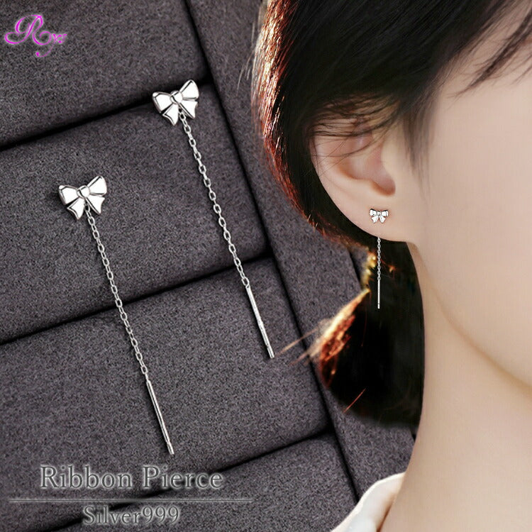 【リボンモチーフのチェーンピアス】 シルバー999 チェーンピアス シンプル リボン ピアス 金属アレルギー対応 チェーン レディース 女性 かわいい
