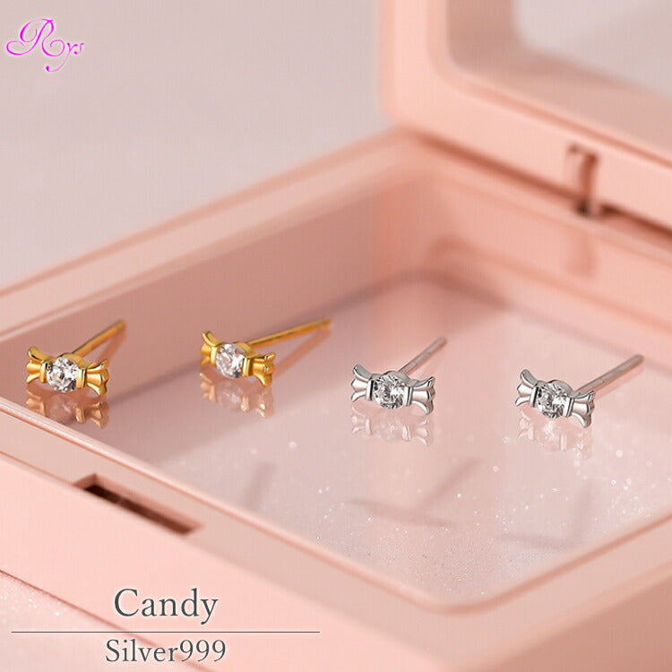 【キャンディモチーフのシルバーピアス】 シルバー999 ピアス 飴玉 キャンディ キュービックジルコニア 金属アレルギー対応 20G 飴 食べ物 かわいい レディース 女性 シンプル おやつ