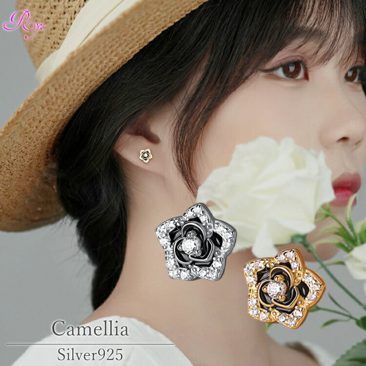 【カメリアモチーフのフラワーピアス】 シルバー925 ピアス シンプル キュービックジルコニア カメリア 山茶花 ツバキ 金属アレルギー対応 花 フラワー