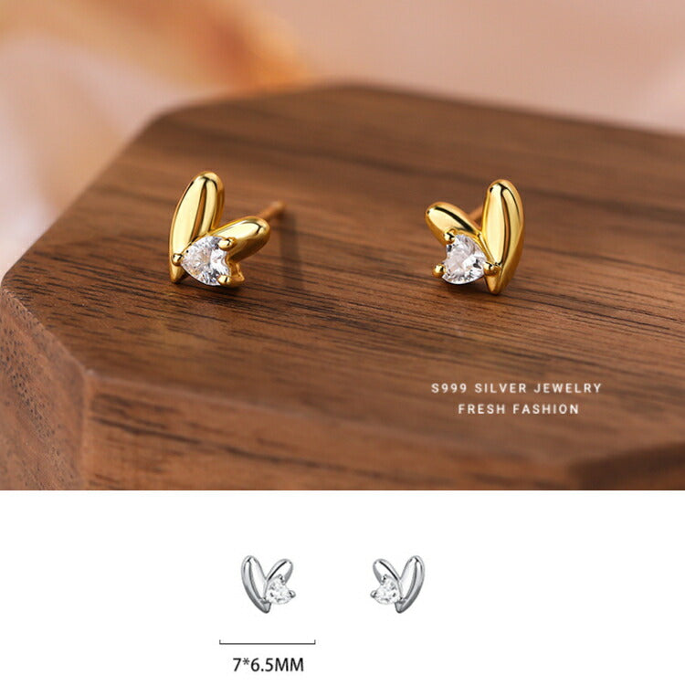 【Wハートのシルバーピアス】 キュービックジルコニア ピアス シンプル ハート 愛心 シルバー999 金属アレルギー対応 かわいい レディース 女性 シルバー ゴールド