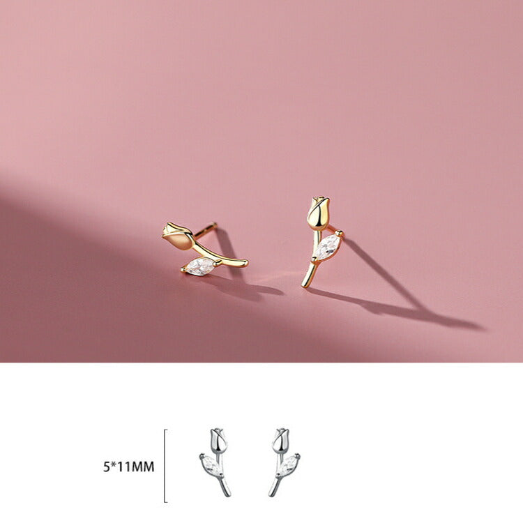 【チューリップの一輪ピアス】 シルバー925 ピアス チューリップ シルバー ゴールド キュービックジルコニア 花 葉っぱ 一輪の花 シンプル かわいい 金属アレルギー対応 20G