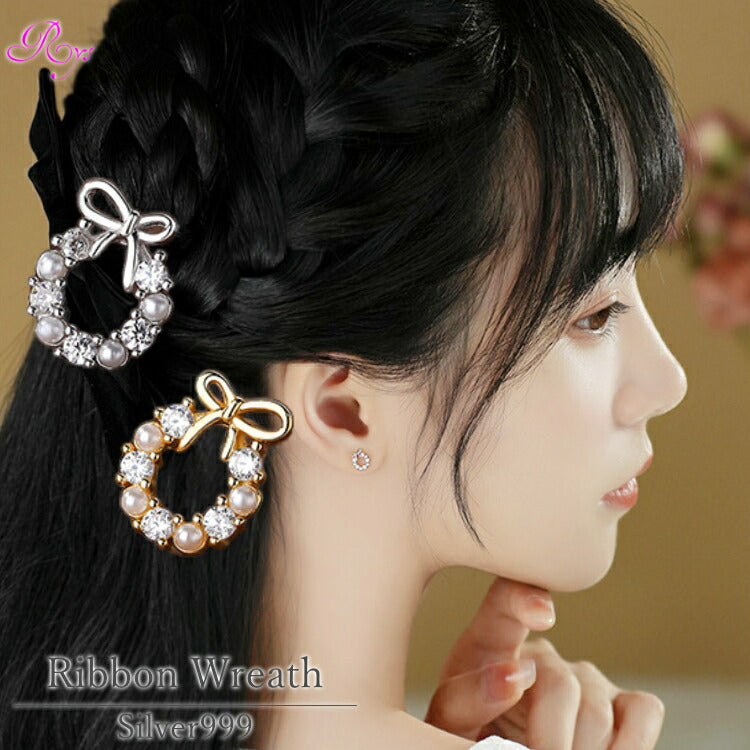 【リボンリースのシルバーピアス】 キュービックジルコニア ピアス シルバー999 シルバー ゴールド リング かわいい フープ 輪っか リボン 小さい シンプル 金属アレルギー対応 レディース 女性