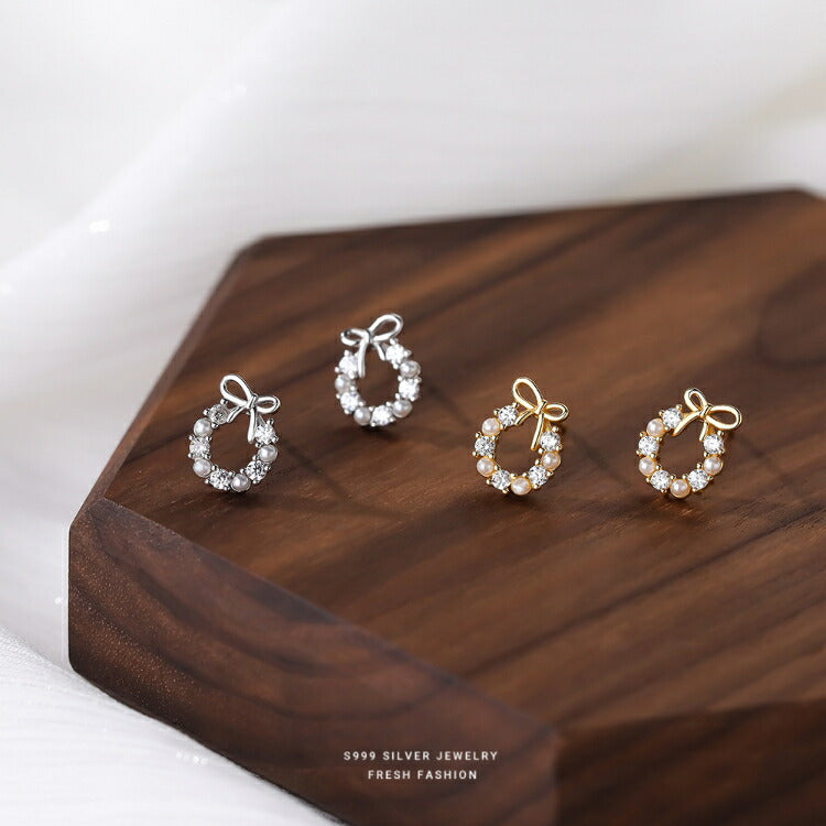 【リボンリースのシルバーピアス】 キュービックジルコニア ピアス シルバー999 シルバー ゴールド リング かわいい フープ 輪っか リボン 小さい シンプル 金属アレルギー対応 レディース 女性