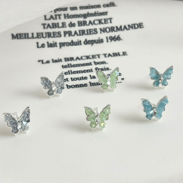 【シルバーグリーンブルーから選べるクリスタル蝶々ピアス】 ちょうちょ ピアス シルバー グリーン ブルー 20G ペア レディース 女性