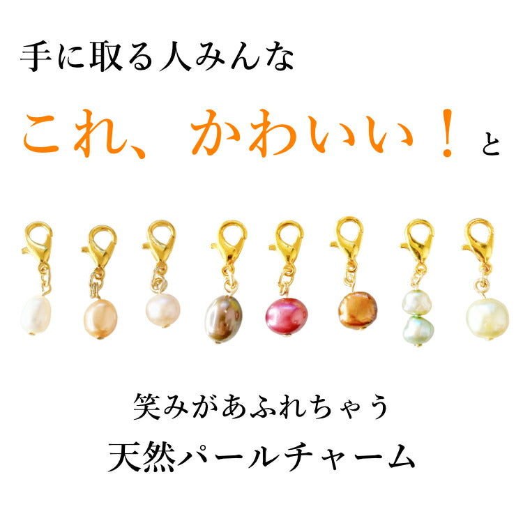 【幸せの天然 パールチャーム】 ぽこぽこパール パールキーホルダー マスクチャーム 不揃いパール 真珠 淡水パール 一点物 ホワイト ピーチ パープル コーヒー アズキ チョコ メタルリーフ ウグイス